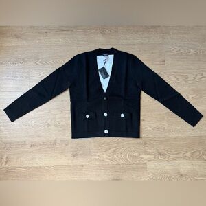 Authentic CHANEL UNIFORM CARDIGAN LONG SLEEVE V-Neck Full Milano BLACK Small New